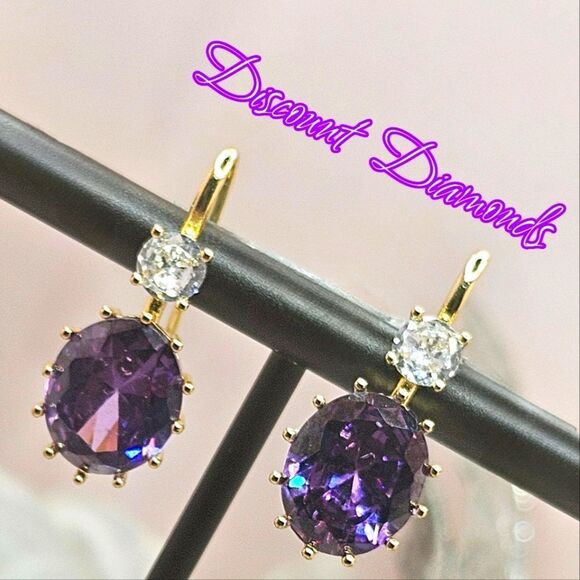 Huitan Jewelry - Oval Amethyst (Purple) Earrings 14K Bright Yellow Gold on 925 Silver